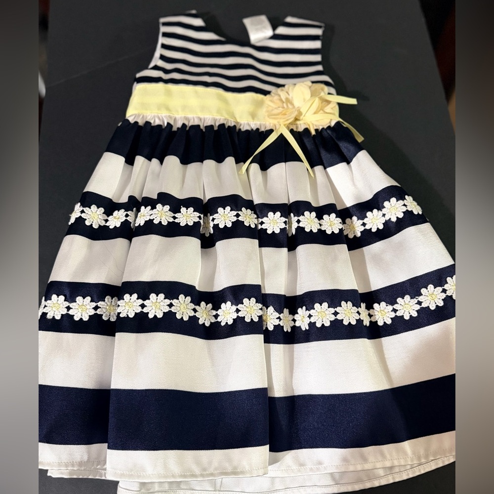 Blueberi Boulevard Navy and White Striped Dress with Yellow Bow